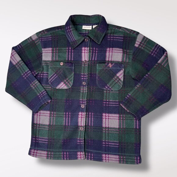 Basic Editions Plaid Fleece Button Up Shirt Jacket Green Purple Blue Large - Picture 9 of 9